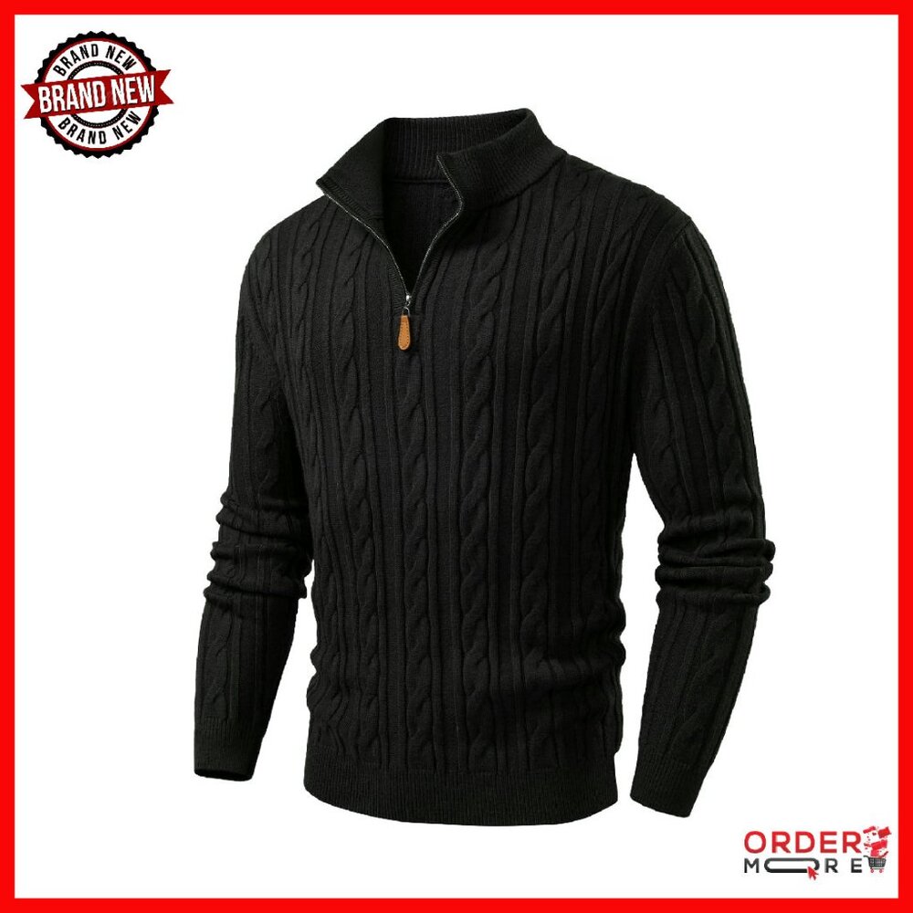 Men's Quarter Zip Cable Knit Pullover Sweater Stand Collar Winter